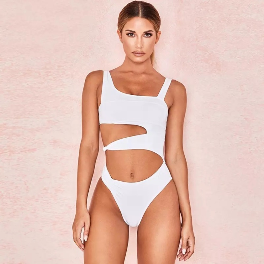 CLEARANCE White Sexy Strappy Cut Out 1 Pc Monokini Swimsuit - Picture 2 of 7